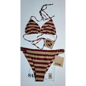 SAME Los Angeles Burgundy Striped Bikini Set Size M Triangle Swim NWT
